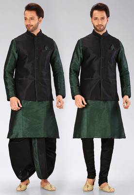 Green dupon art silk kurta, jacket with matching dhoti and churidar 1