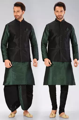 Green dupon art silk kurta, jacket with matching dhoti and churidar
