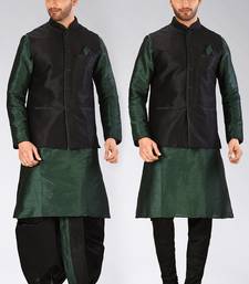 Green dupon art silk kurta, jacket with matching dhoti and churidar