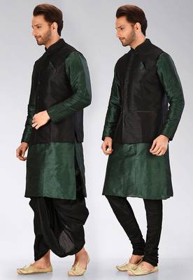 Green dupon art silk kurta, jacket with matching dhoti and churidar 4