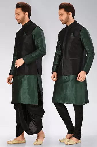 Green dupon art silk kurta, jacket with matching dhoti and churidar