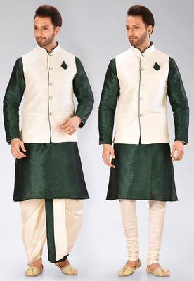 Green dupon art silk kurta, jacket with matching dhoti and churidar 1