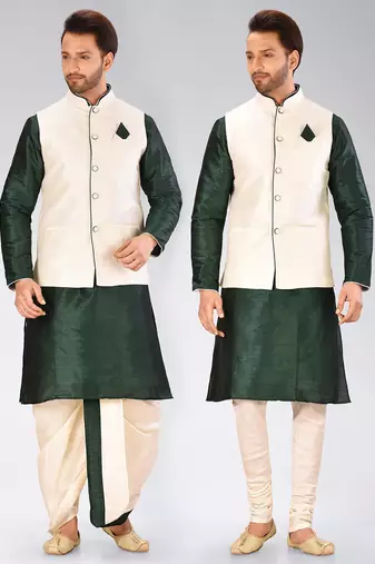 Green dupon art silk kurta, jacket with matching dhoti and churidar