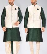 Green dupon art silk kurta, jacket with matching dhoti and churidar