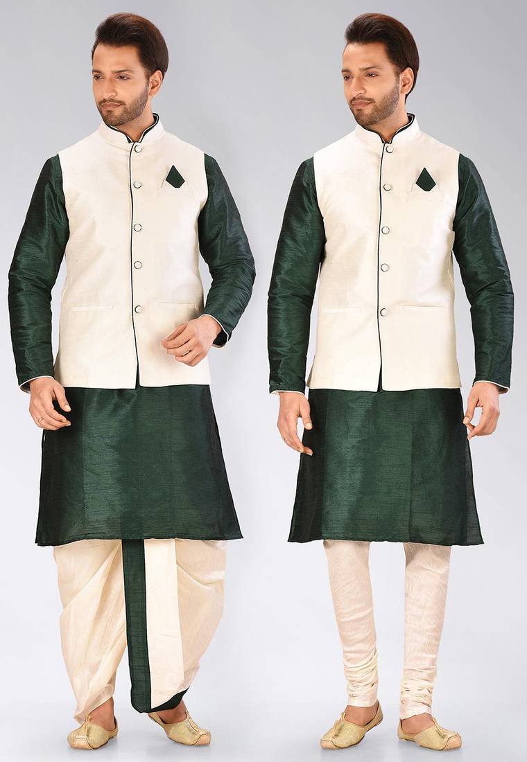 Green dupon art silk kurta, jacket with matching dhoti and churidar