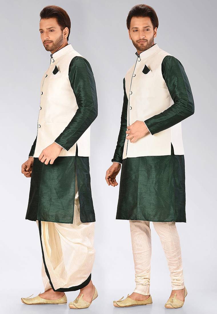 Green dupon art silk kurta, jacket with matching dhoti and churidar
