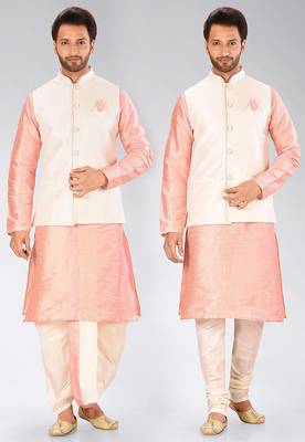 Pink dupon art silk kurta, jacket with matching dhoti and churidar 1