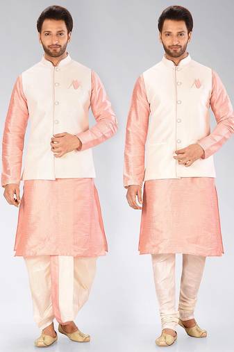 Pink dupon art silk kurta, jacket with matching dhoti and churidar