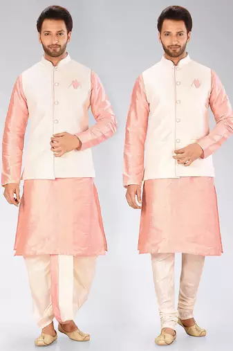 Pink dupon art silk kurta, jacket with matching dhoti and churidar