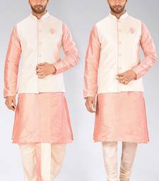 Pink dupon art silk kurta, jacket with matching dhoti and churidar
