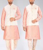 Pink dupon art silk kurta, jacket with matching dhoti and churidar