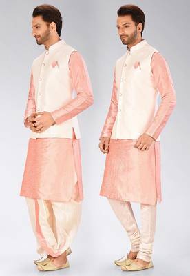 Pink dupon art silk kurta, jacket with matching dhoti and churidar 4