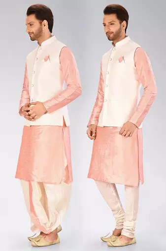 Pink dupon art silk kurta, jacket with matching dhoti and churidar