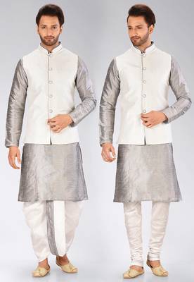 Grey dupon art silk kurta, jacket with matching dhoti and churidar 1