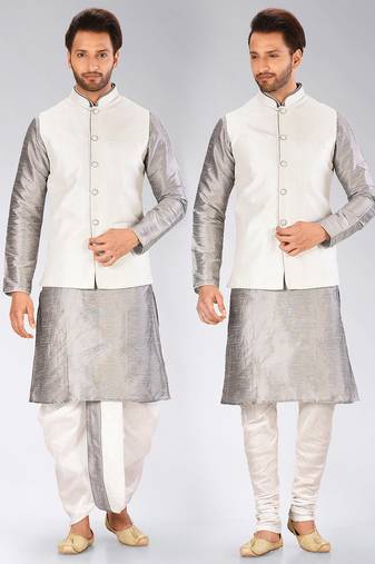 Grey dupon art silk kurta, jacket with matching dhoti and churidar