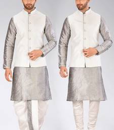 Grey dupon art silk kurta, jacket with matching dhoti and churidar