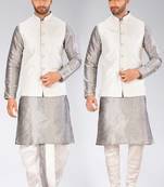 Grey dupon art silk kurta, jacket with matching dhoti and churidar