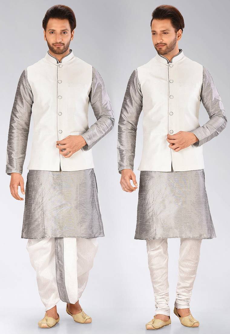 Grey dupon art silk kurta, jacket with matching dhoti and churidar