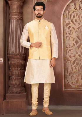 Fawn dupon art silk kurta, jacket with matching churidar 1