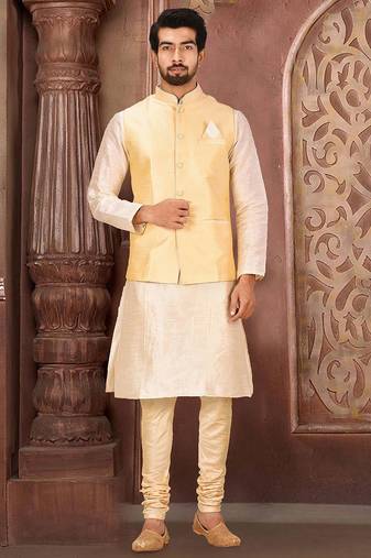 Fawn dupon art silk kurta, jacket with matching churidar