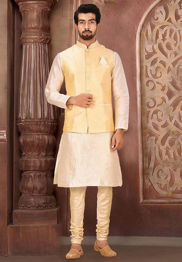 Fawn dupon art silk kurta, jacket with matching churidar