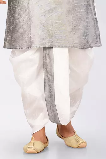 Grey dupon art silk kurta, jacket with matching dhoti and churidar