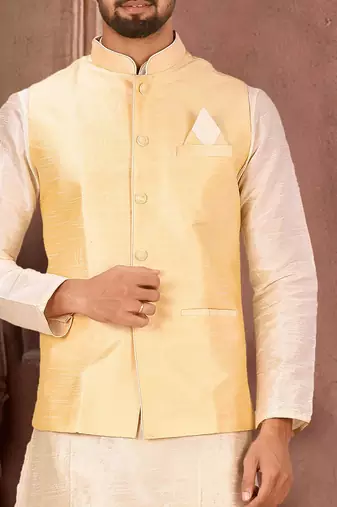 Fawn dupon art silk kurta, jacket with matching churidar
