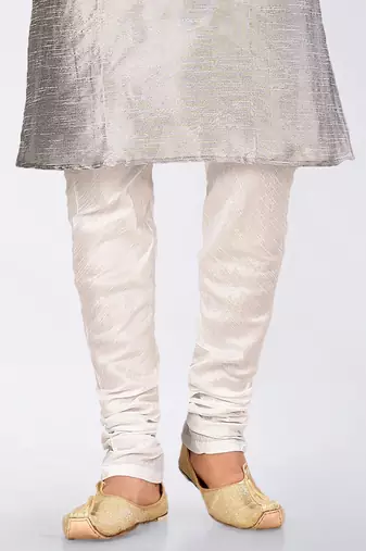 Grey dupon art silk kurta, jacket with matching dhoti and churidar