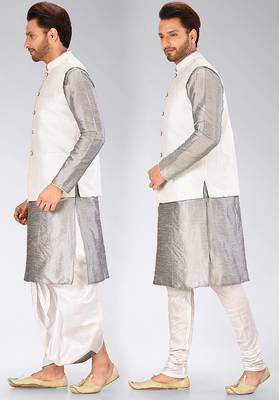 Grey dupon art silk kurta, jacket with matching dhoti and churidar 4