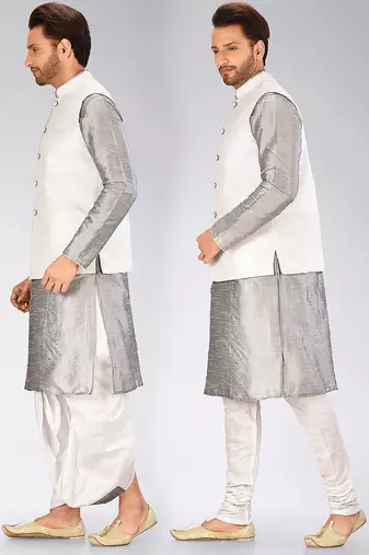 Grey dupon art silk kurta, jacket with matching dhoti and churidar