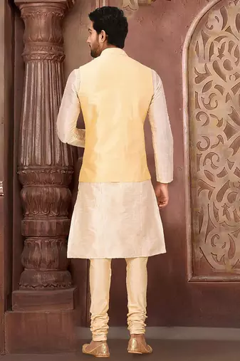 Fawn dupon art silk kurta, jacket with matching churidar