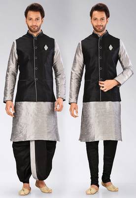 Grey dupon art silk kurta, jacket with matching dhoti and churidar 1