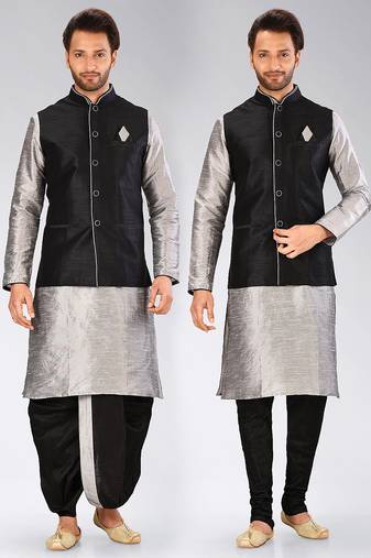 Grey dupon art silk kurta, jacket with matching dhoti and churidar