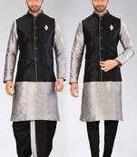 Grey dupon art silk kurta, jacket with matching dhoti and churidar