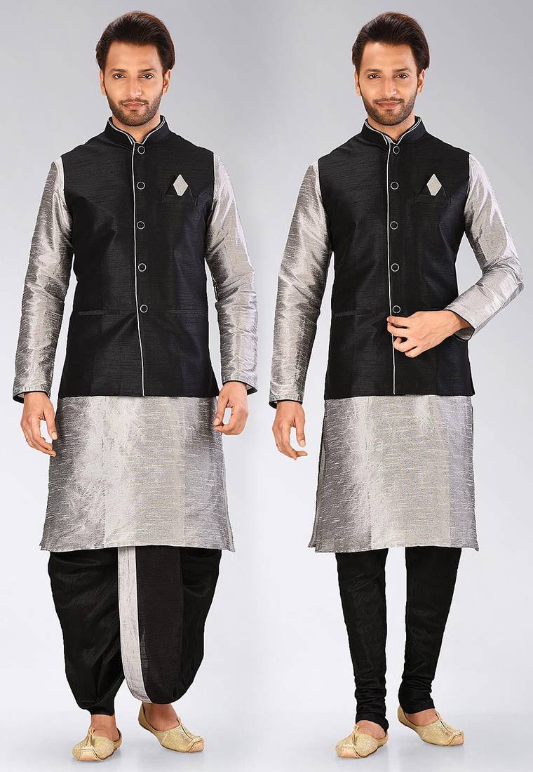 Grey dupon art silk kurta, jacket with matching dhoti and churidar