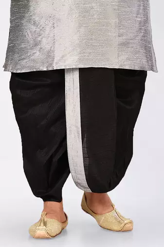 Grey dupon art silk kurta, jacket with matching dhoti and churidar