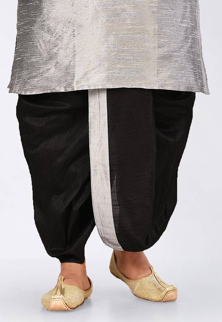Grey dupon art silk kurta, jacket with matching dhoti and churidar