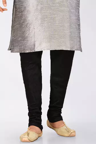Grey dupon art silk kurta, jacket with matching dhoti and churidar