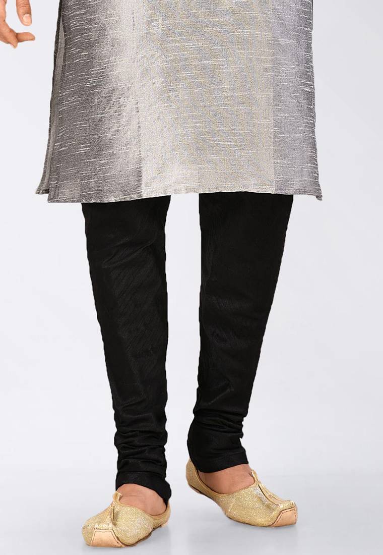 Grey dupon art silk kurta, jacket with matching dhoti and churidar