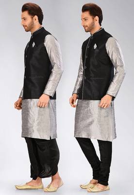 Grey dupon art silk kurta, jacket with matching dhoti and churidar 4