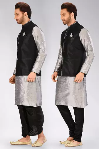 Grey dupon art silk kurta, jacket with matching dhoti and churidar