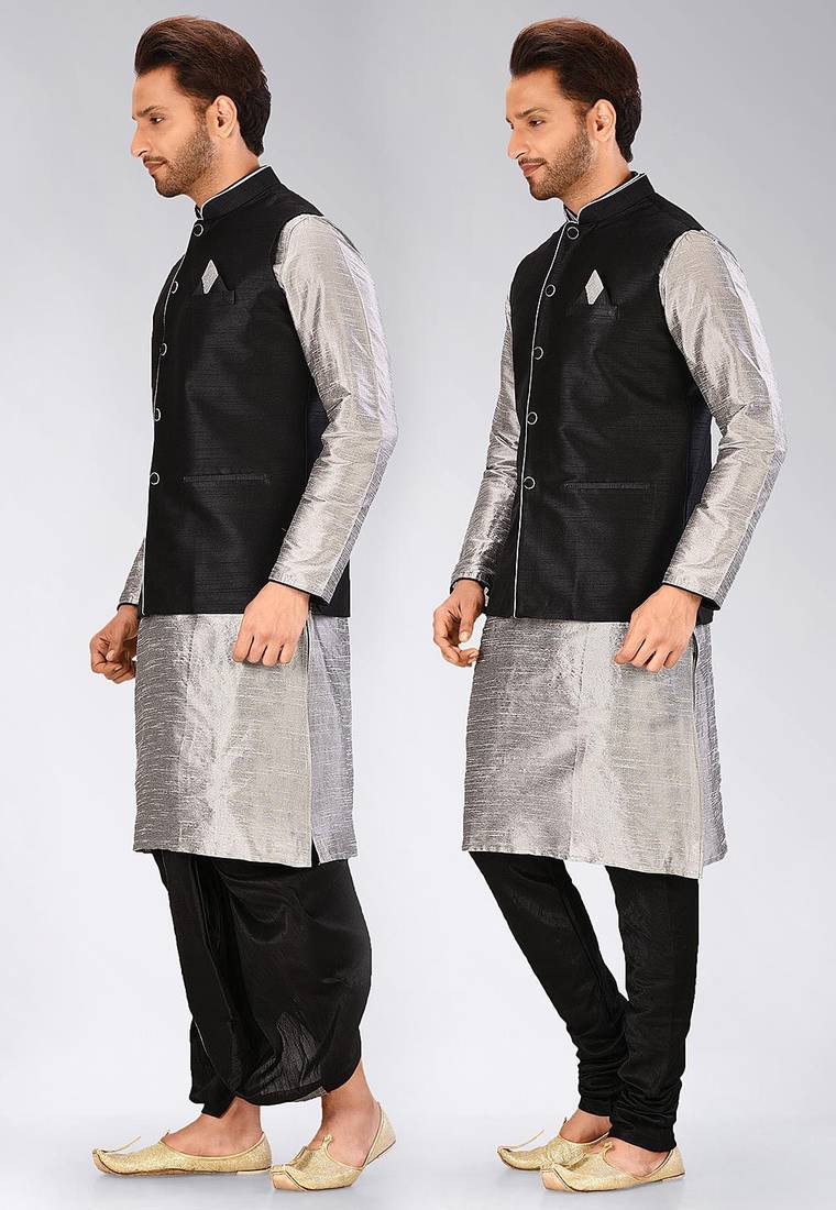 Grey dupon art silk kurta, jacket with matching dhoti and churidar
