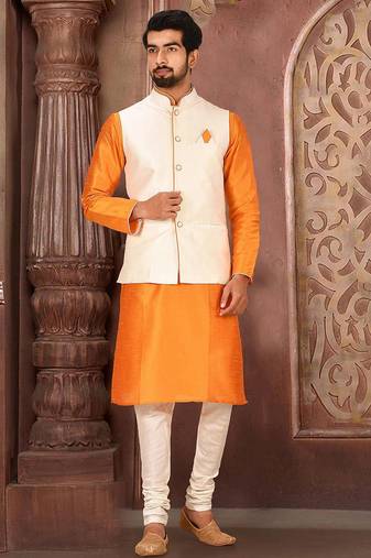 Cream dupon art silk kurta, jacket with matching churidar