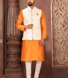 Cream dupon art silk kurta, jacket with matching churidar