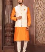 Cream dupon art silk kurta, jacket with matching churidar