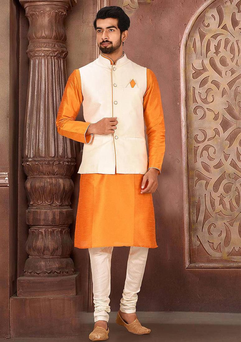 Cream dupon art silk kurta, jacket with matching churidar
