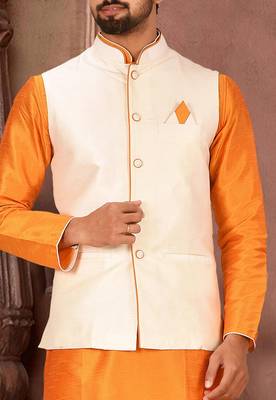 Cream dupon art silk kurta, jacket with matching churidar 2