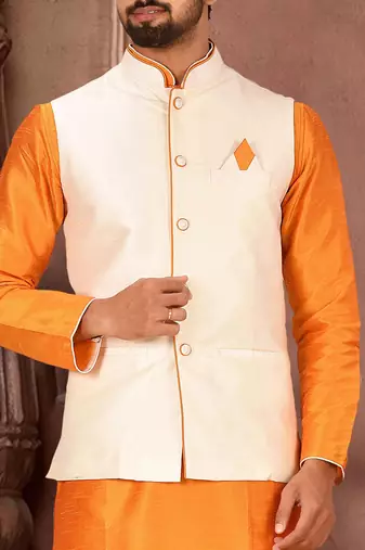 Cream dupon art silk kurta, jacket with matching churidar