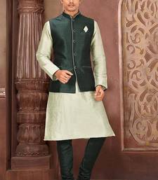 Rama green dupon art silk kurta, jacket with matching churidar