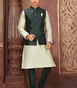 Rama green dupon art silk kurta, jacket with matching churidar